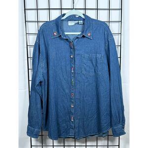 Vtg Passports Plus Embroidered Shirt Womens 3X Blue Christmas Holiday Cottagecor